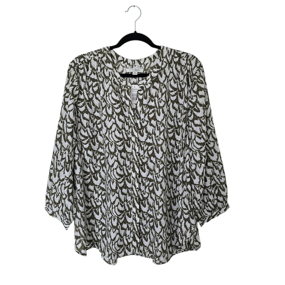 Jachs Girlfriend Blouse Women XL Green NEW Split Neck Long Sleeve Leaf‎ Print